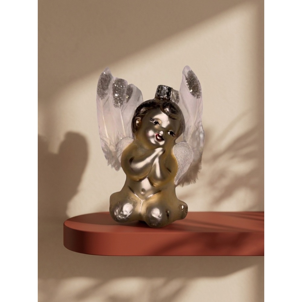 Neiman Marcus Glass‎ Cherub Angel Ornament White Feather Wings Silver Glitter
